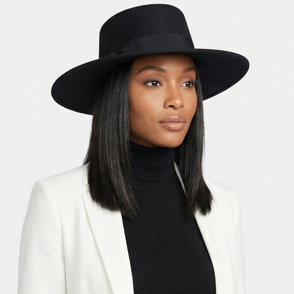 Wide Brim Boater Hat in Faux Felt - Structured Hat with Ribbon Black